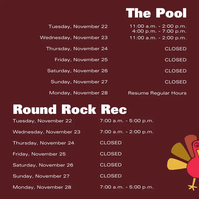 Image with a Turkey listing hours for the Pool and the Round Rock Campus Rec