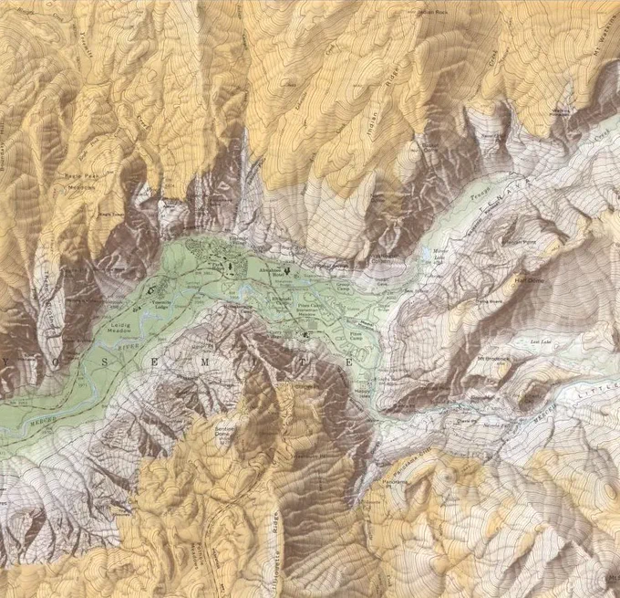 shaded relief map of part of the Yosemite Valley in yellow, white, and green 