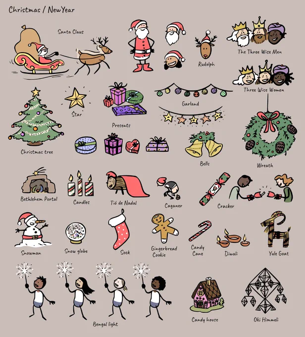 Colour illustrations of many xmas motives