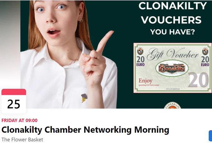 Clonakilty Chamber of Commerce will hold a networking event on Friday morning next 25th of November at The Flower Basket, 

This is a great opportunity for members & non-members to meet the new owner Edith & team along with Other businesses and chamber members.

Please bring your business cards as a vital networking tool & you may even win a spot prize!
The event is open to both chamber members and non-members.

This is a great opportunity to inform members about your business. If you are unable to attend yourself please consider sending along a member of staff.

Please make an extra effort to bring one or more non-members to the event whom could benefit from a networking/Chamber event  


The cost of the event is €5 to cover costs of the coffee & treat!
    
Networking  is a great informal business opportunity to make new contacts and exchange ideas.  
