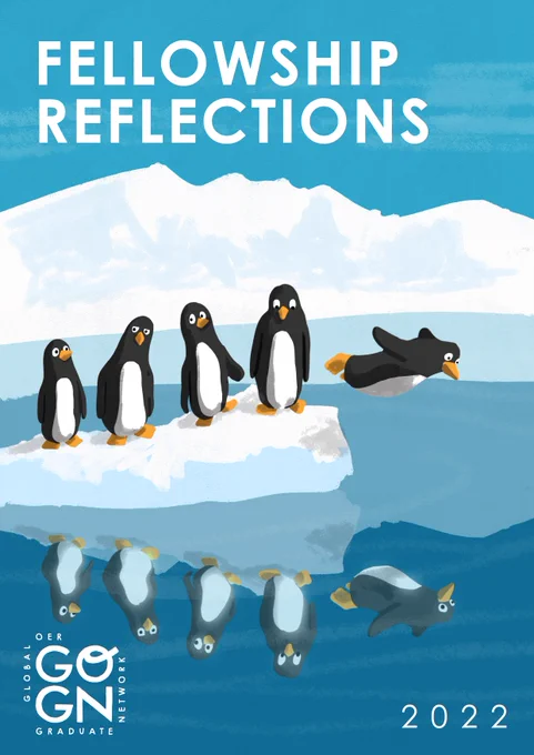 Fellowship reflections report cover by GO-GN: "several penguins are jumping to the sea"