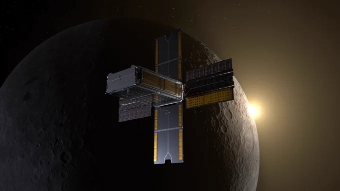  Illustration of BioSentinel’s spacecraft flying past the Moon. Credits: NASA/Daniel Rutter