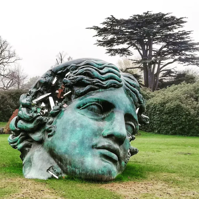 Large bronze head appears to emerge out of grass, gaps in head with clusters of silver rod like crystals growing. Blank eyes, the face refers to Melpomene the Greek goddess of tragedy. Bushes and trees in background. 