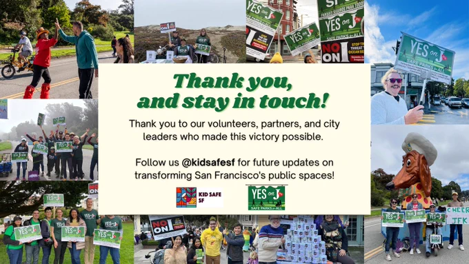 Picture collage of volunteers from the Yes on J campaign with text: "Thank you and stay in touch. Thank you to the volunteers, partners, and city leaders who made this victory possible. Follow us @kidsafesf for future updates on transforming San Francisco's public spaces."