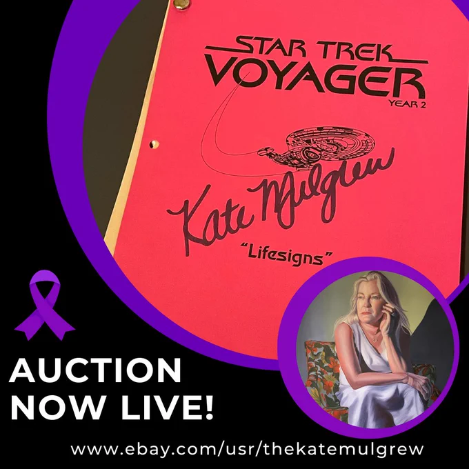 A graphic for Kate's auction, depicting a signed script, an art portrait, and her ebay username, @ thekatemulgrew, where fans can bid now!
