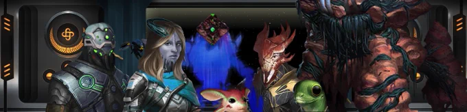 a group photo of representatives from each member of the PEACE Federation: from left to right, a robotic Vect from the Elepharchy, a humanoid Vegvian from the Vegvian Nomad Guilds, an energy-being Herald from the Vakthar of Song, a short and fluffy-eared Keporo from the Keporo Liberation Front, an arthropoid Silranian from the Union of Communal Councils, a gecko-like Darexi from the Darexi Republic, and a giant lithoid rock-being Bzadi from the Bzadi People's Republic