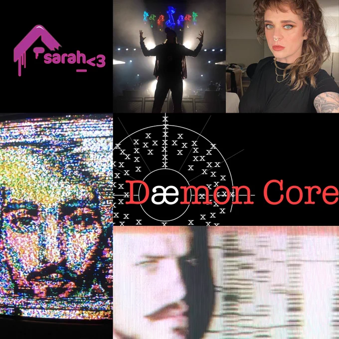 The photos and logos of the visualists providing their expertise to the musicians of Super MAGFest Melee are arranged in a collage. On the top row is Sarah<3’s logo, Nate Horsfall, and Ms. Paint. ZD-Rom’s logo is in one panel, flanked on one side by Daemon Core’s logo and datacats’s promotional imagery.
