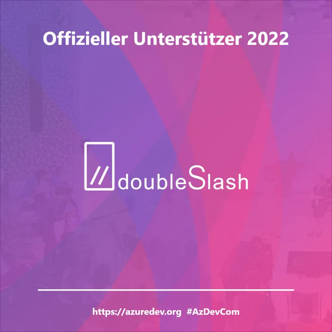 doubleSlash logo on background of Azure Developer Community day (purple / Pink blur) hashtag #azdevcom Web Address https://azuredev.org