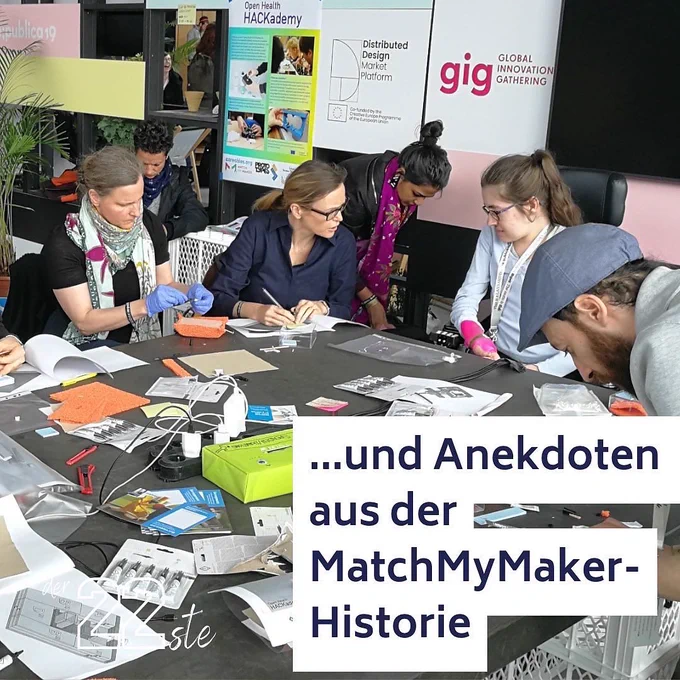 Mehrer Personen um Tisch am brainstormen. Text: und Anekdoten aus der MatchMyMaker Historie