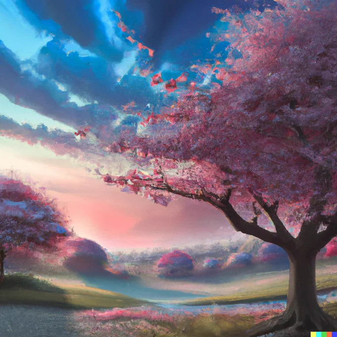 A hyper-realistic digital painting of a landscape at dawn, featuring a large cherry blossom tree in the foreground and dramatic clouds