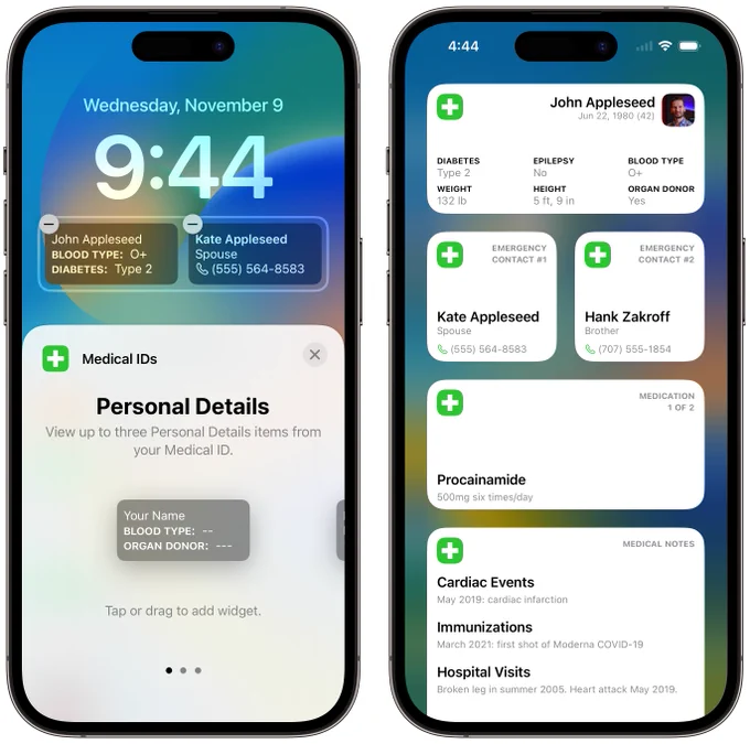 iPhone lock screen and home screen showing different types of widgets showing information from the first medical ID