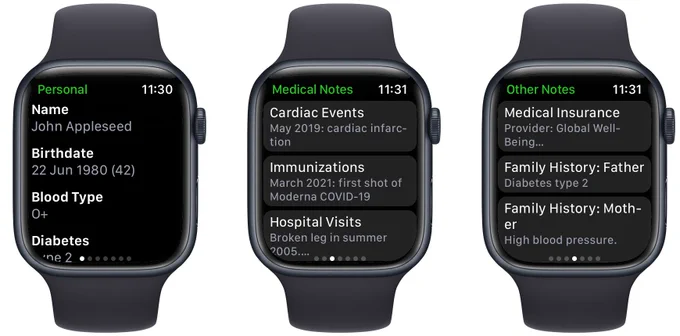 Three Apple Watch screenshots of the Medical ID Records app showing information from the personal, medical notes and other notes sections