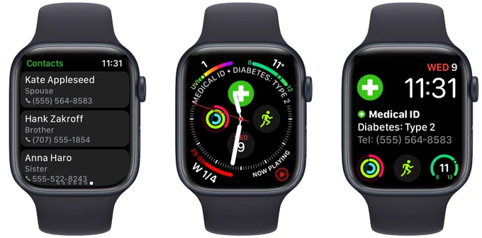 Three Apple Watch screenshots. The first is a list of emergency contacts. The second and third show Infographic and Modular watch faces with Medical ID Records complications.