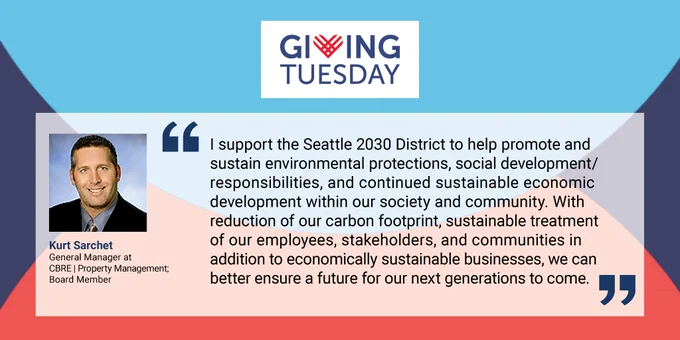 Giving Tuesday background; Giving Tuesday logo, top center. Quote from Kurt Sarchet, General Mgr. at CBRE|Property Management   Board Member: "I support the Seattle 2030 District to help promote and sustain environmental protections, social development/
responsibilities, and continued sustainable economic 
development within our society and community. With 
reduction of our carbon footprint, sustainable treatment 
of our employees, stakeholders, and communities in 
addition to economically sustainable businesses, we can 
better ensure a future for our next generations to come."