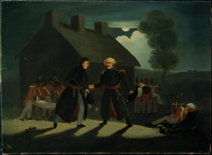Oil on canvas painting, titled 'The meeting of Wellington and Blücher at 'La Belle Alliance', 18 June 1815'. The painting is dominated by dark colours, with the light source being the moon behind clouds. The scene depicts a meeting of the two commanders in the aftermath of battle at the 'La Belle Alliance' tavern. They shake hands while wounded soldiers are being carried away on litters behind them.