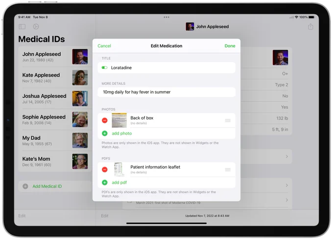 iPad screenshot showing a medication being edited. There are text fields for the medication title and more details. There is a photo of the back of the medication box and a PDF of the patient information leaflet.
