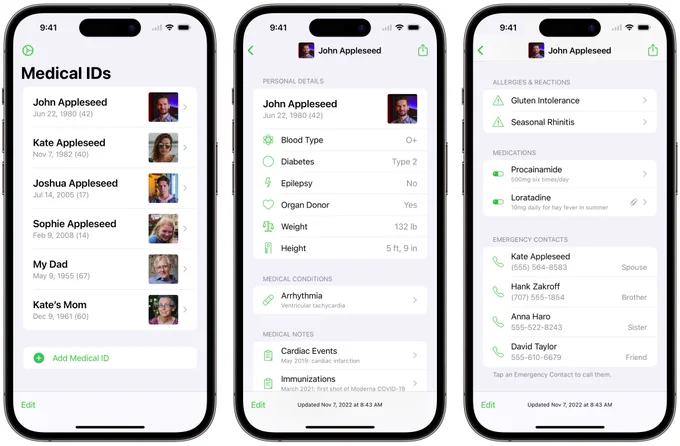 Three iPhone screenshots of Medical ID Records app. The first shows a list of medical IDs for different family members. The second and third show detail information from a single medical ID.
