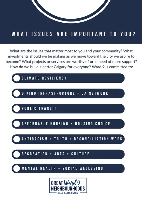 Image description: What are the issues that matter most to you and your community? What investments should we be making as we move toward the city we aspire to become? What projects or services are worthy of or in need of more support? How do we build a better Calgary for everyone? Ward 9 is committed to:

- Climate resiliency
- Biking Infrastructure and 5A Network
- Public Transit
- Affordable Housing and Housing Choice
- Antiracism and Truth and Reconciliation
- Recreation, Arts and Culture
- Mental Health and Social Wellbeing