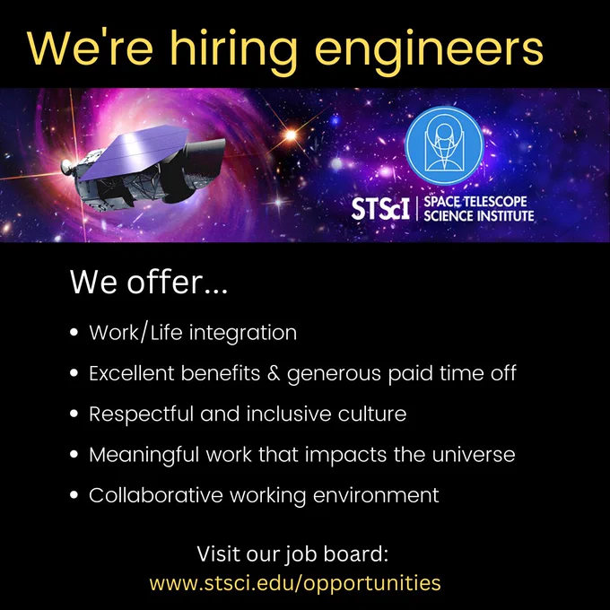 Text - We're hiring engineers, We offer, Work/Life integration Excellent benefits & generous paid time off Respectful and inclusive culture  Meaningful work that impacts the universe Collaborative working environment