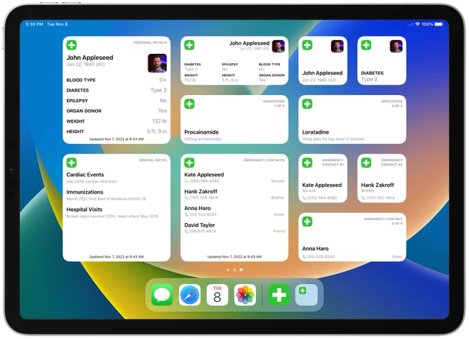 iPad home screen showing many different types of widgets showing information from the first medical ID