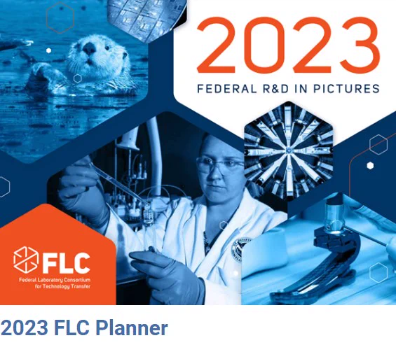 Cover of 2023 calendar with pictures of technology, wildlife, and a scientist in a lab