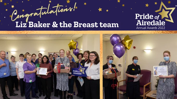 Congratulations Liz Baker and the Breast team. Two images of the team receiving their trophy, hamper and certificate.