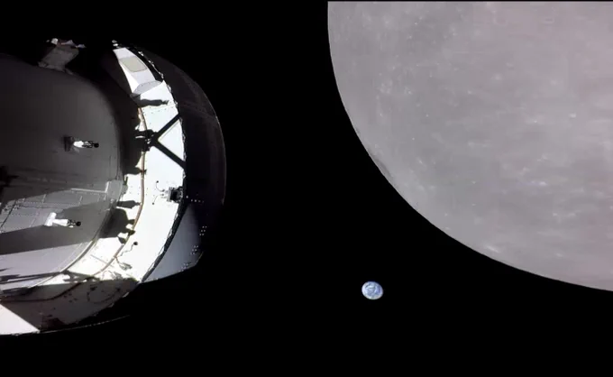 The Earth is seen setting from the far side of the Moon just beyond the Orion spacecraft in this video taken on the sixth day of the Artemis I mission by a camera on the tip of one of Orion’s solar arrays. The spacecraft was preparing for the Outbound Powered Flyby maneuver which would bring it within 80 miles of the lunar surface, the closest approach of the uncrewed Artemis I mission, before moving into a distant retrograde orbit around the Moon. The spacecraft entered the lunar sphere of influence Sunday, Nov. 20, making the Moon, instead of Earth, the main gravitational force acting on the spacecraft.