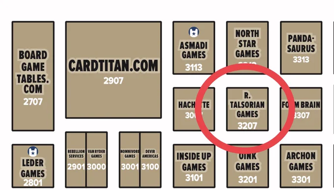 A section of the PAX U vendor map. RTG is booth 3207. Between Hachette and Foam Brain. Two rows to the right of Cardtitan.com.