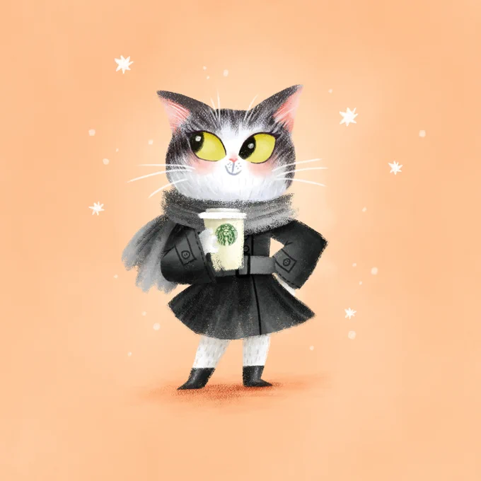 An anthropomorphicised illustration of a cat on a peach background. She has grey and white fur and is wearing a grey scarf and black pea coat. In her hand she holds a cup of coffee.