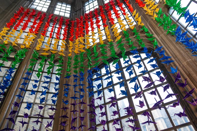 Rainbow display of paper cranes at Hart House.