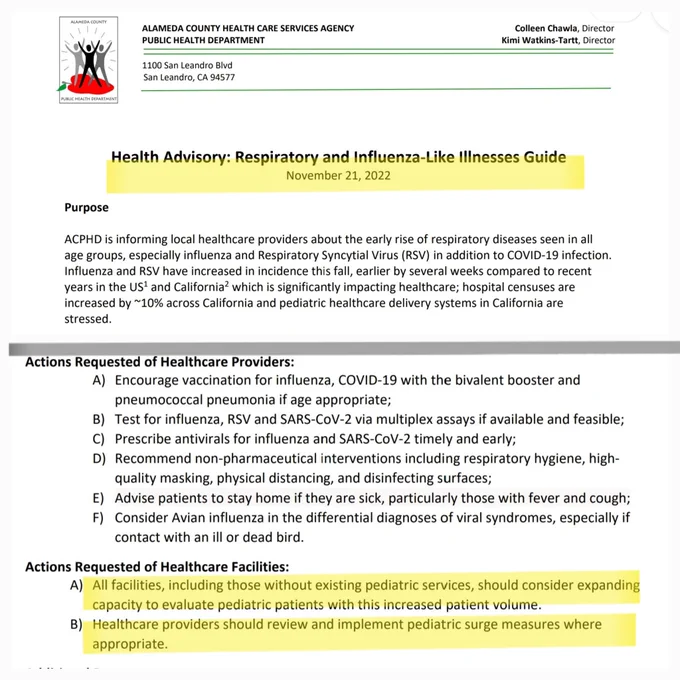 Health advisory from Alameda County 11/21/22 regarding Pediatric Healthcare delivery systems under stress from respiratory illnesses. 