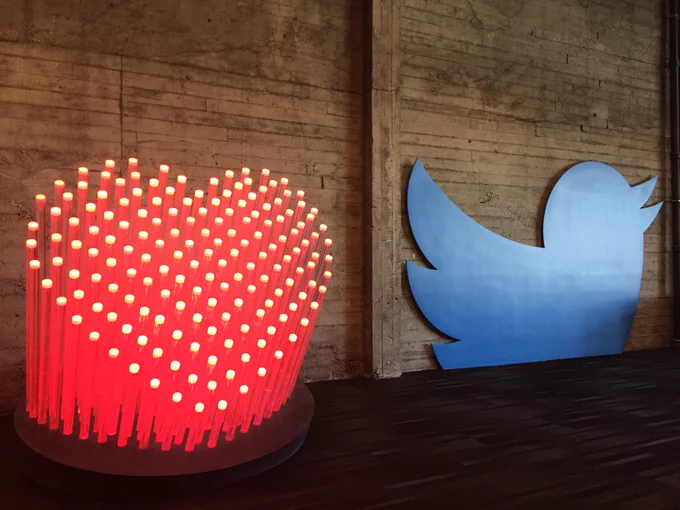 Illuminating heart powered by Tweets and large Twitter bird cutout at TwitterHQ in San Francisco