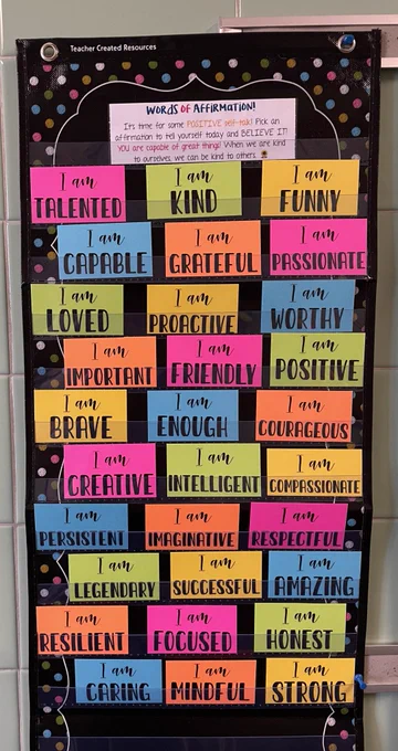 Photograph of a colorful door display with instructions telling students to pick an affirmation "and BELIEVE IT!" Choices include "I am legendary," "I am successful" and "I am resilient."