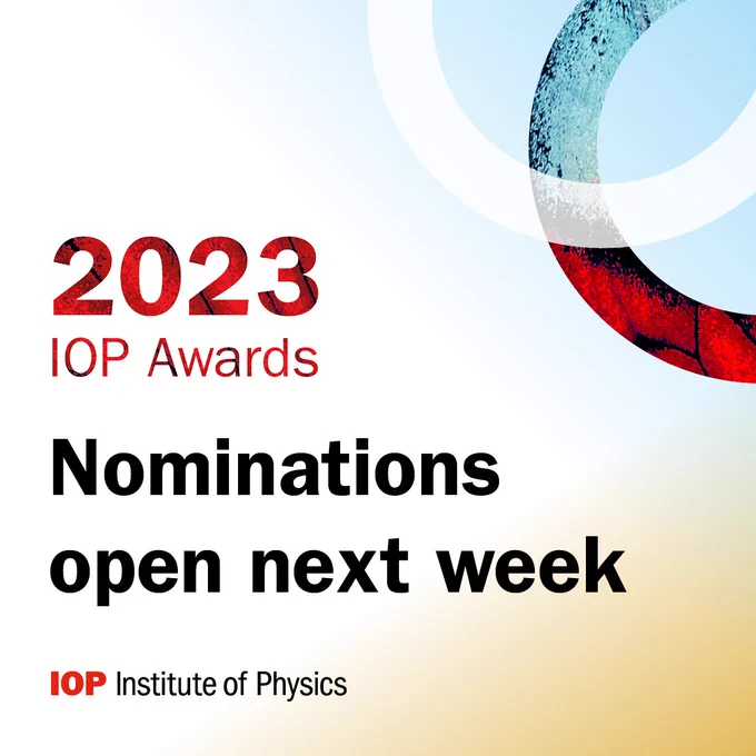 Logo card from the IOp with the text 2023 IOP Awards - Nominations open next week.