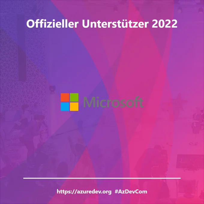 Microsoft logo on background of Azure Developer Community day (purple / Pink blur) hashtag #azdevcom Web Address https://azuredev.org