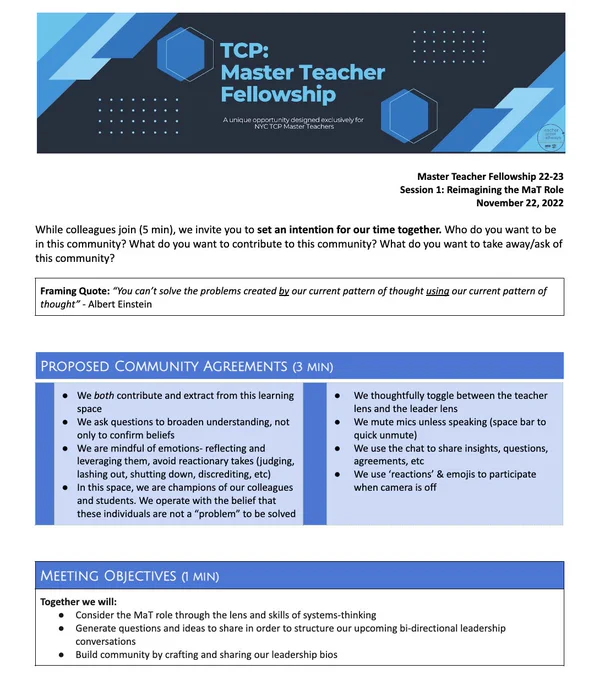 Agenda for the Master Teacher Fellowship meeting
