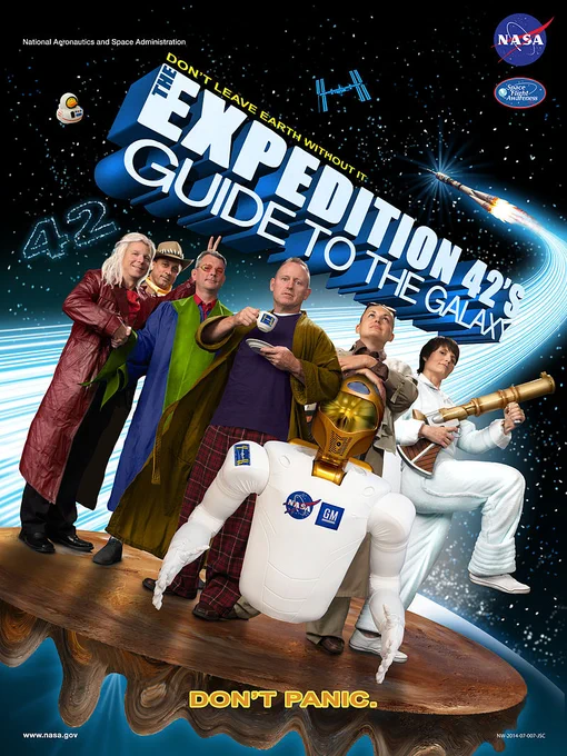 To pay homage to the Mission's number connection to The Hitchhiker's Guide to the Galaxy, the crew recreate the movie's poster. Included are Commander Barry Wilmore, Alexander Samoukutyaev, Elena Serova, Terry Virts, Anton Shkaplerov, and
Samantha Cristoforetti