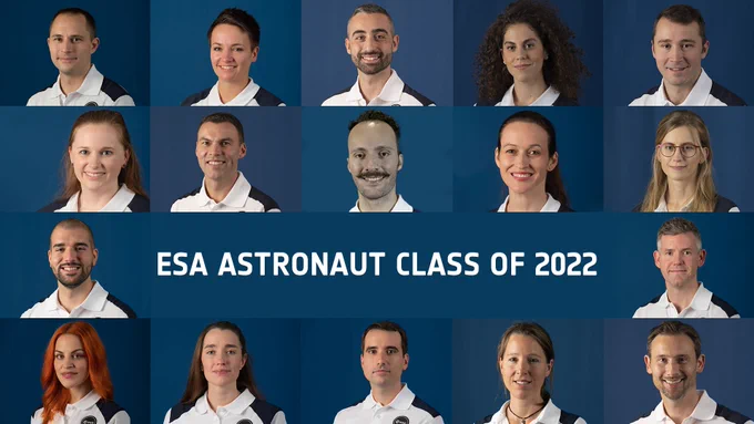 Image shows the portraits of the 17 new ESA class of 2022 astronauts.