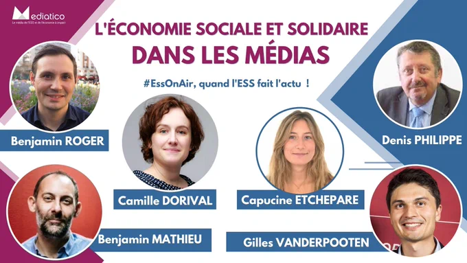 Dans son nouveau format d'émission talk-show « EssOnAir », en partenariat avec Aesio Mutuelle, Mediatico donne dans son studio, la parole à des acteurs de l'économie sociale et solidaire. L’occasion d’apporter au public un autre regard sur l'information politique, économique, sociale et environnementale. L’occasion aussi de présenter l'actualité de ces acteurs économiques engagés. 

Ce Mardi nous recevons :

- Camille Dorival (Autrice, consultante et coach sur la transition écologique et solidaire), 
- Capucine Etchepare, (Chargée de communication et marketing chez "Lemon Tri")
- Benjamin Mathieu, (Journaliste et Co-Fondateur du media coopératif "Le Moment")
- Gilles Vanderpooten (Directeur général chez "Reporters d'Espoirs"), 
- Benjamin Roger (Responsable de l'Observatoire national de l'ESS chez "ESS France"),
- Denis Philippe (Président de la "Cress Paca et administrateur chez Aesio Mutuelle")