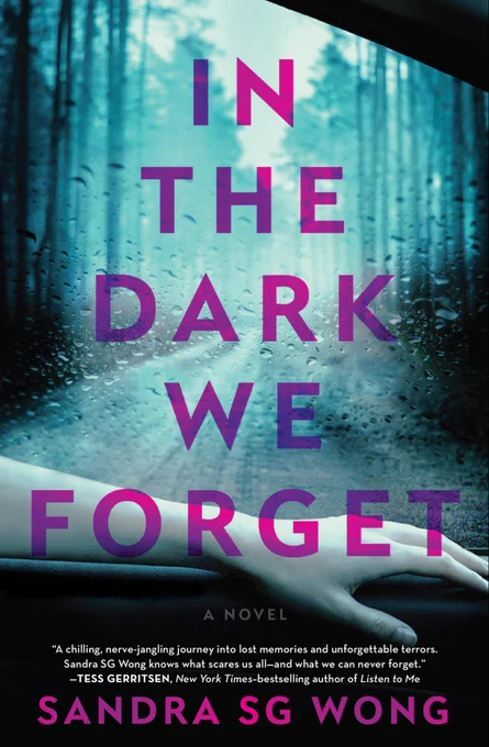 Book cover for The Dark We Forget by Edmonton author Sandra SG Wong. The cover image shows an arm resting on a window ledge with rain on the window and a tree-lined road stretching in the background.