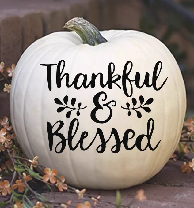 "Thankful & Blessed" decal in black on a pumpkin painted white by ReadyToGift on Etsy