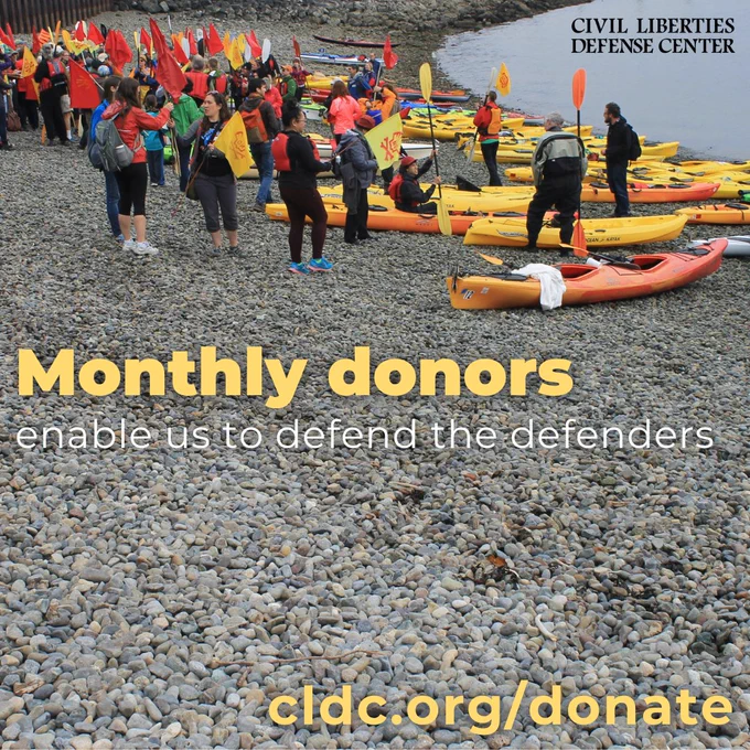 A group of climate activists prepare to launch a kayak blockade. The rocky shoreline is crowded with yellow and orange kayaks, climate activists holding red and yellow flags that have an image of a skull and cross bones emblazoned upon them. Overlaid text reads: "Monthly donors enable us to defend the defenders."