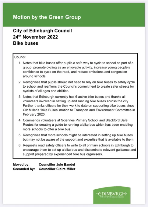 Motion by the Green Group. City of Edinburgh Council, 24th November 2022. Bike Buses. Full motion text can be found here (Item 10.19): https://democracy.edinburgh.gov.uk/ieListDocuments.aspx?CId=150&MId=6470&Ver=4