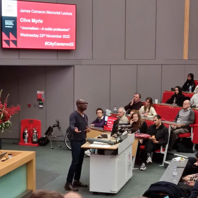 Clive Myrie giving the 2022 James Cameron Memorial Lecture at City, University of London.