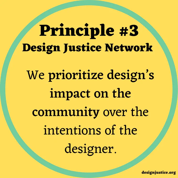 A square image with a yellow background. A large, light green circle surrounds center-justified text that reads, "Principle #3, Design Justice Network" in bold black text. Below in regular black text reads, "We prioritize design's impact on the community over the intentions of the designer." The website is in black text at the bottom right corner of the image.