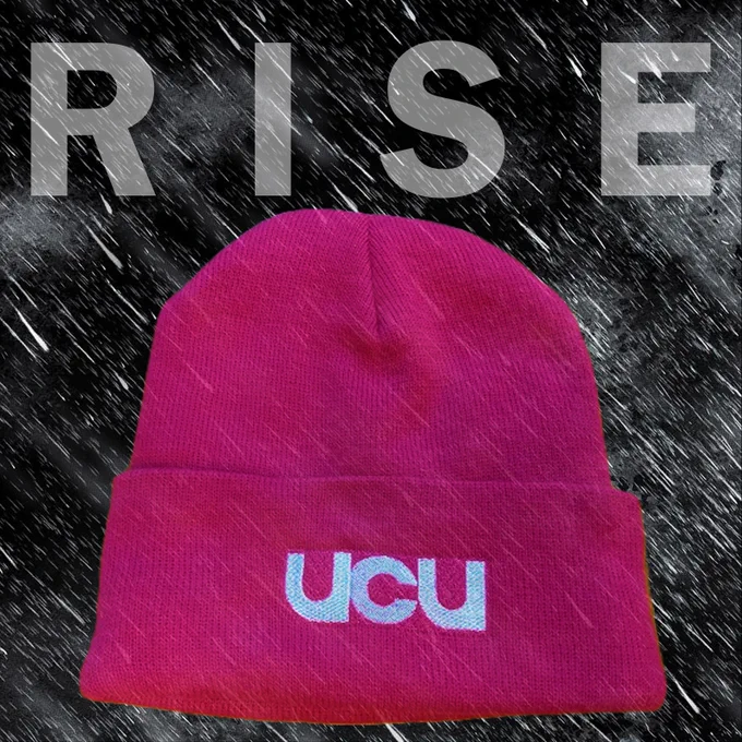 A picture of a pink UCU beanie set against a rainy backdrop with the word RISE written above it 