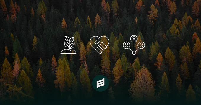 Image of trees with overlay of three icons indicating regenerative agriculture, helping hands, and human interconnectedness. Proof logo icon can be seen at bottom of image.