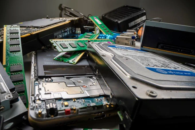 Waste pile of computer hard drives and circuit boards.