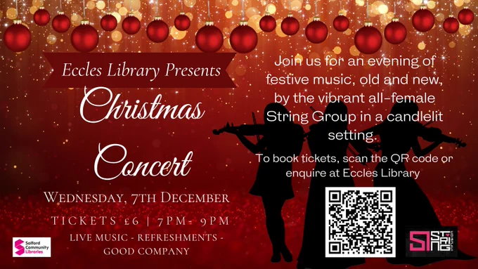 Poster advertising Eccles library Christmas concert 7/12/22 at 7pm