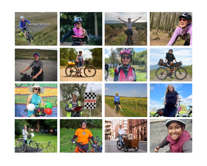 Collage featuring sixteen of Cycling UK's 100 Women in Cycling of 2022